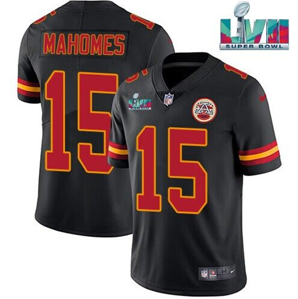 Men’s Kansas City Chiefs #15 Patrick Mahomes Black Super Bowl LVII Patch Vapor Untouchable Limited Stitched Jersey